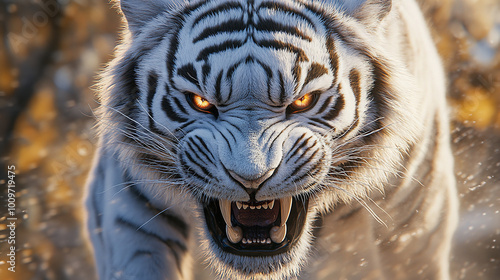 A fierce white tiger with an angry expression, its eyes glowing and showing sharp teeth photo