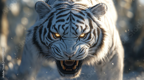 A fierce white tiger with an angry expression, its eyes glowing and showing sharp teeth photo