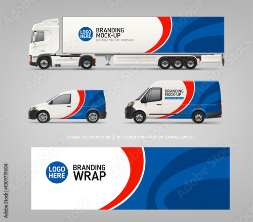 Realistic Van, Truck trailer mockup set with branding design set 18. Abstract graphics of blue and red decal  for brandig transport. Branding vehicle. Horizontal AD banner. Editable vector template