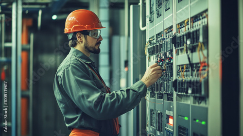 Electrician repairing an electrical panel in a power supply station during daytime