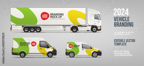 Delivery Van, Truck, Company Car mockup with abstract branding and corporate identity. Abstract background of yellow and green stripes on delivery vehicle for AD banner. Vehicle branding livery