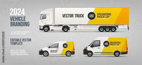 Delivery Van, Truck, Company Car mockup with graphics for branding and corporate identity. Abstract background of Yellow stripes for business flyer and AD banner. Vehicle branding livery