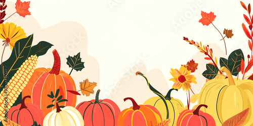 Festive autumn decor of pumpkins, flowers, leaves on white background. Autumn composition. Thanksgiving concept. Banner