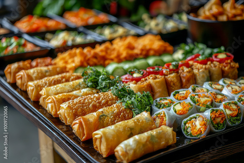 Delicious Assortment of Spring Rolls: Crispy, Flavorful Fillings on Display for Perfect Starters or Snacks