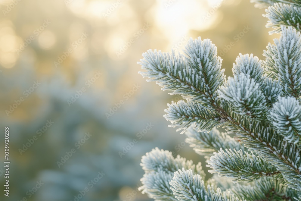 Close-up of green pine needles covered with frost, a concept of the transition of fall into winter Close-up of green pine needles covered with frost, a concept of the transition of fall into winter