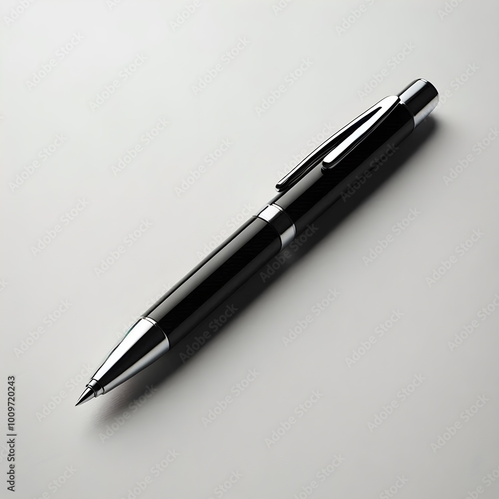 A black ballpoint pen with a silver clip and a clear plastic barrel lies on a white background. A black ballpoint pen with a silver clip and a clear plastic barrel lies on a white background.