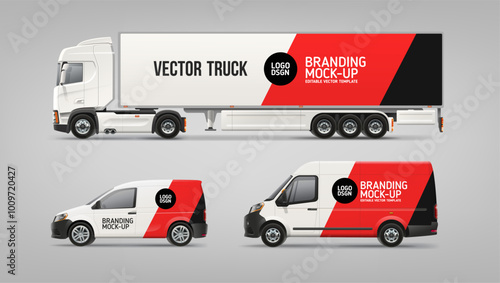 Delivery Van, Truck, Company Car mockup with graphics for branding and corporate identity. Abstract background of Red and Black stripes for business flyer and AD banner. Vehicle branding livery