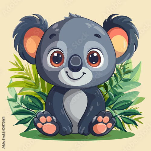 A cartoon koala is sitting in a green leafy area. The koala is smiling and he is happy photo