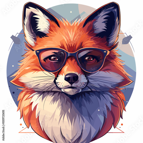 A fox with sunglasses on its face. The fox is wearing a pair of sunglasses and he is enjoying the sun