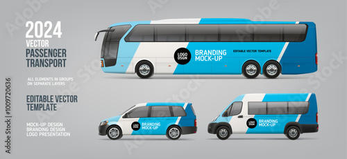 Side view Coach Bus, passenger Van and Company Car mockup with abstract blue branding design. Business passenger transport with abstract brand identity. Brandind bus. Editable vector template