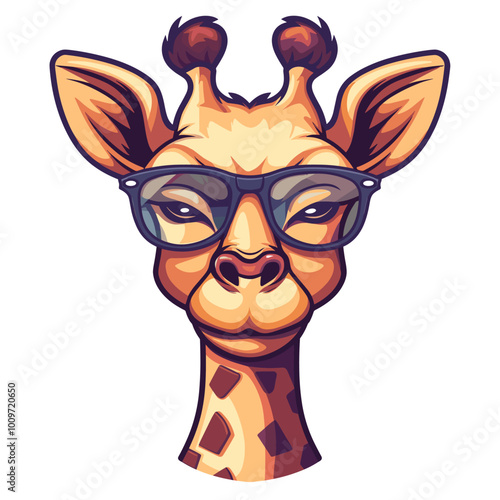 A giraffe wearing glasses and looking at the camera. The giraffe is wearing a pair of glasses and has a serious expression on its face