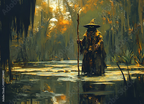 A necromancer in a swamp. Modern digital painting.