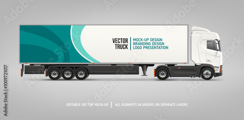 Trailer Truck mockup with abstract branding graphics background. Cargo Truck with abstract blue branding design - editable vector. Modern semi truck trailer for horizontal AD banner. Vehicle branding