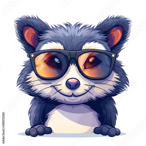 A cartoon raccoon wearing sunglasses and a smile. The raccoon is wearing a pair of sunglasses and he is enjoying the sun