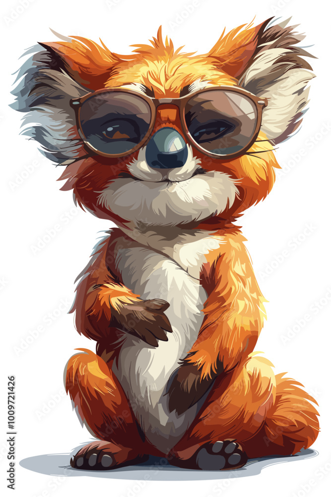 Fototapeta premium A cartoonish drawing of a koala wearing sunglasses and a hat. The koala is sitting on a white background