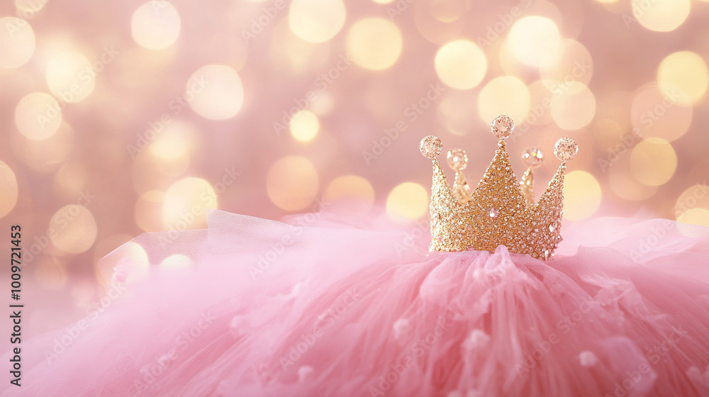 A pink tutu skirt with a gold crown on it, a princess-themed background, blurred lights in the background A pink tutu skirt with a gold crown on it, a princess-themed background, blurred lights in the background