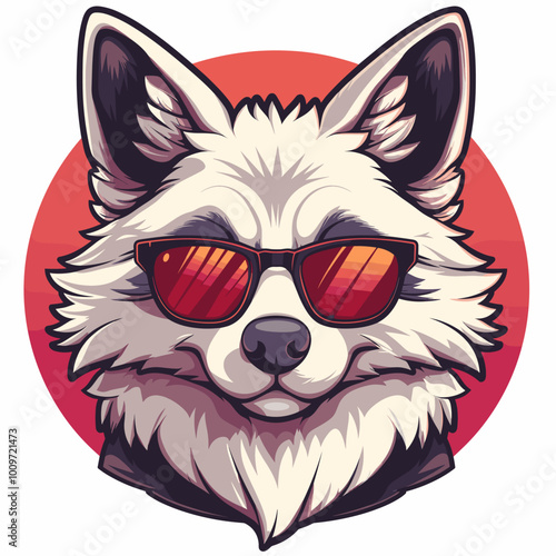 A cartoon dog wearing sunglasses and a red circle. The dog is smiling and he is enjoying the sun