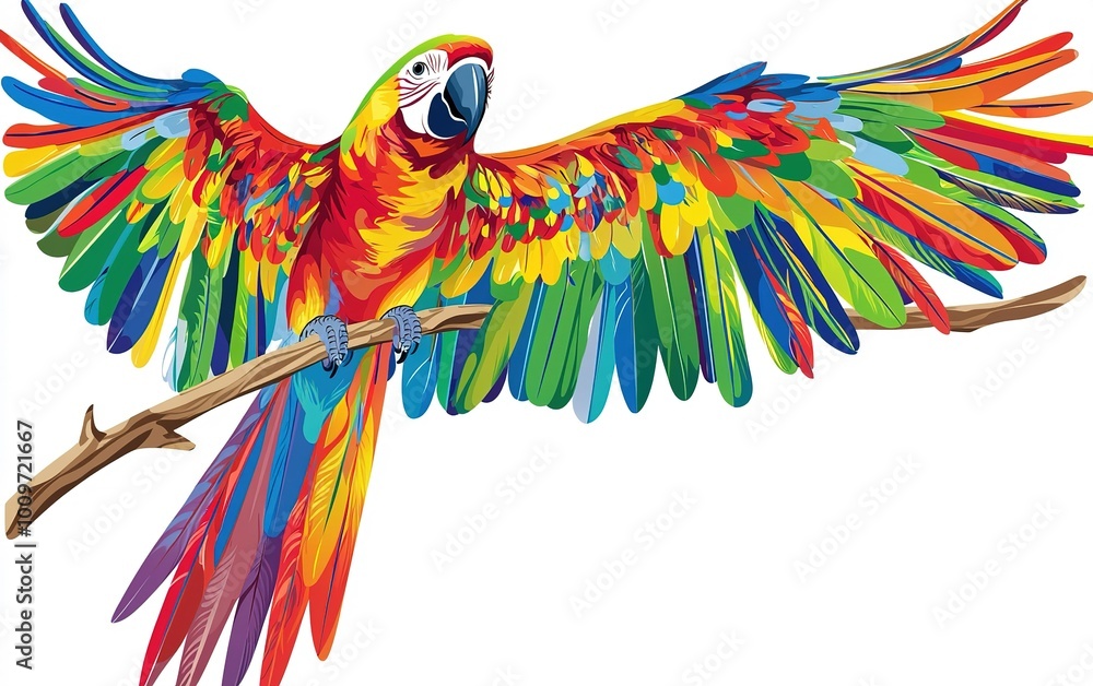 Fototapeta premium A vibrant parrot in flight displays a stunning array of colors while perched on a branch, showcasing nature's artistic beauty