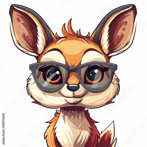 A cartoon fox wearing glasses is smiling and looking at the camera. The glasses give the fox a quirky and playful appearance