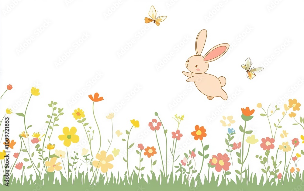 A playful bunny leaps joyfully among a vibrant field of colorful flowers on a sunny spring day, surrounded by fluttering butterflies A playful bunny leaps joyfully among a vibrant field of colorful flowers on a sunny spring day, surrounded by fluttering butterflies