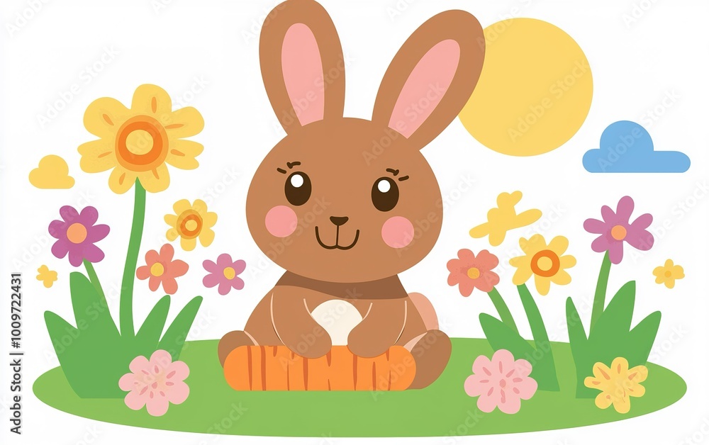 Fototapeta premium A cheerful brown bunny enjoys a sunny day amidst colorful flowers and a bright sun in a whimsical garden setting