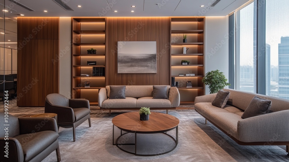 Fototapeta premium Stylish corporate office with a contemporary lounge area, wooden accents, comfortable seating, open shelving, minimal decor, clean lines
