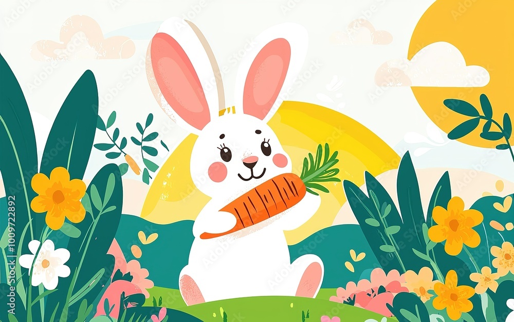 A cheerful bunny holding a fresh carrot amidst vibrant flowers in a sunlit landscape A cheerful bunny holding a fresh carrot amidst vibrant flowers in a sunlit landscape