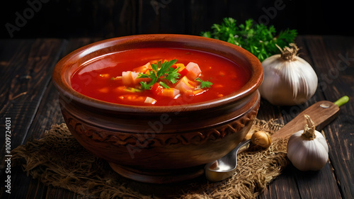 Traditional Ukrainian vegetables vegetarian red soup. Ukrainian borsh with garlic, pepper, on a black wooden table,. Tomato soup. photo