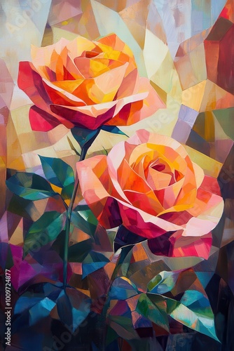 cubist interpretation of two roses, with each petal rendered in bold geometric shapes