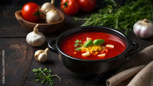 Traditional Ukrainian vegetables vegetarian red soup. Ukrainian borsh with garlic, pepper, on a black wooden table,. Tomato soup. photo