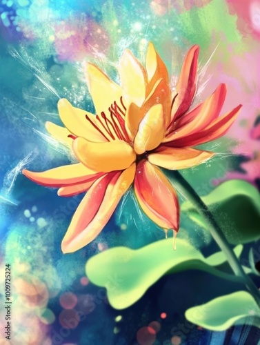 Vibrant digital artwork of a colorful flower in bloom with abstract light and color effects in the background.