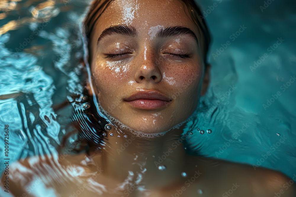 Captivating Close-up: Woman Rising from Underwater in Chilly Plunge Pool at Serene Wellness Studio Captivating Close-up: Woman Rising from Underwater in Chilly Plunge Pool at Serene Wellness Studio