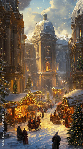 European ancient city's Christmas, the festival market and decorations in the snow photo