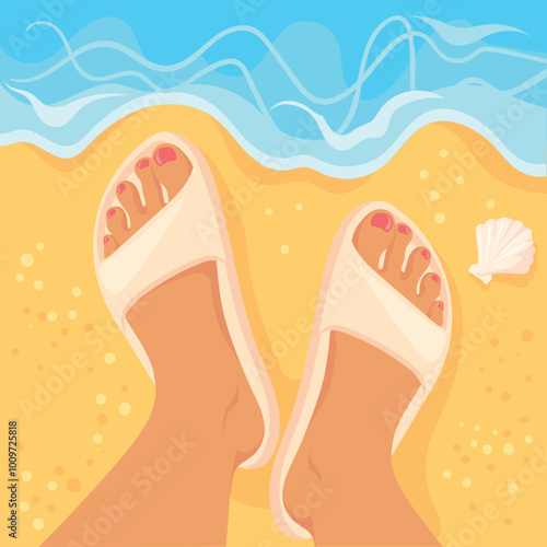 Beach feet selfie. Female legs in summer outdoor