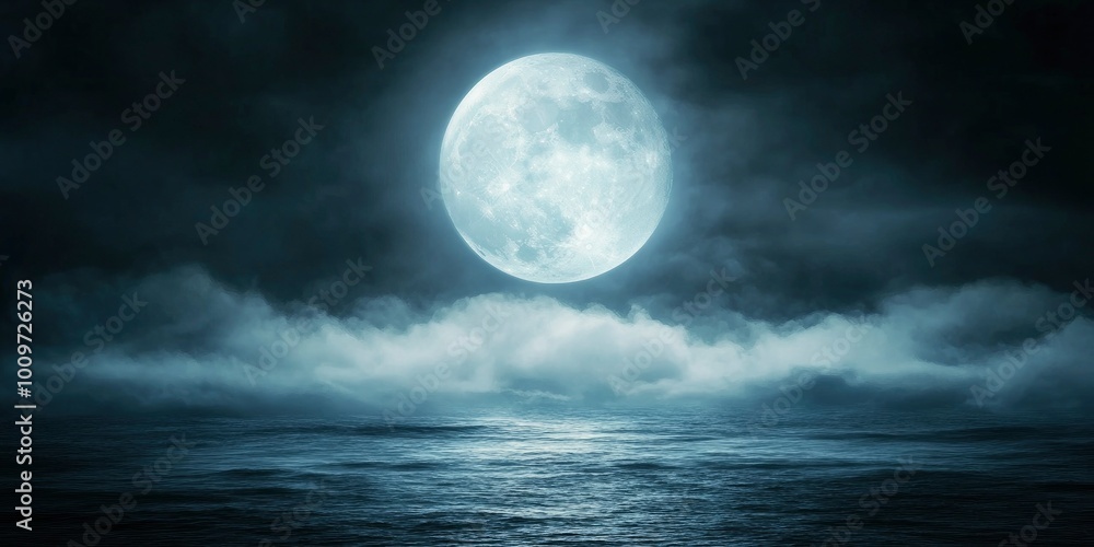 Full moon shining in the dark sky over the stormy ocean, a foggy night background. Moonlight and clouds creating a mysterious atmosphere Full moon shining in the dark sky over the stormy ocean, a foggy night background. Moonlight and clouds creating a mysterious atmosphere