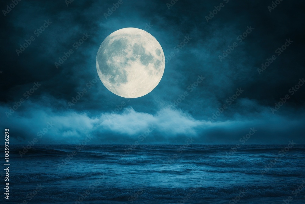 Full moon shining in the dark sky over the stormy ocean, a foggy night background. Moonlight and clouds creating a mysterious atmosphere Full moon shining in the dark sky over the stormy ocean, a foggy night background. Moonlight and clouds creating a mysterious atmosphere