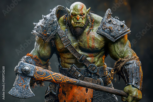 Ruthless Orc Warrior: A Hyper-Realistic 3D Rendering of a Fierce Character in Full Armor, Wielding an Axe in a Dynamic Pose with Dramatic Lighting