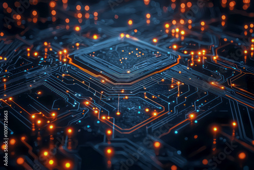 Digital Connections: A futuristic vector illustration of a circuit board design, representing innovation and connectivity. Stock photo style.