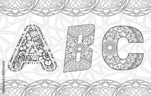 Vector of hand drawn set of Alphabet from ABC in Zentangle style for coloring pages
