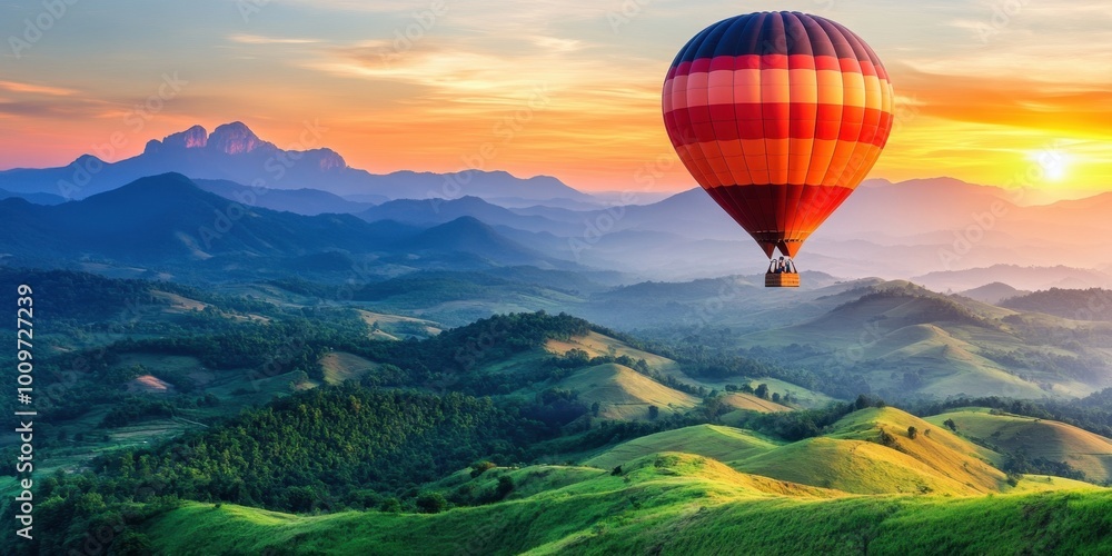 Naklejka premium a hot air balloon flying over a mountain range