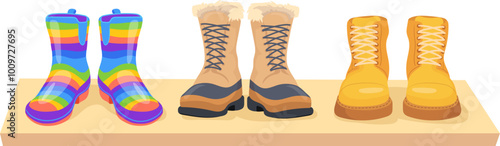 Wooden shelf with autumn boots. Cartoon footwear collection