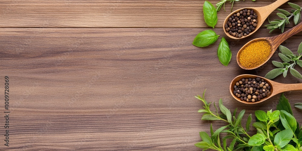 a wooden table with various spices and herbs in small spoons on an old wood background a wooden table with various spices and herbs in small spoons on an old wood background