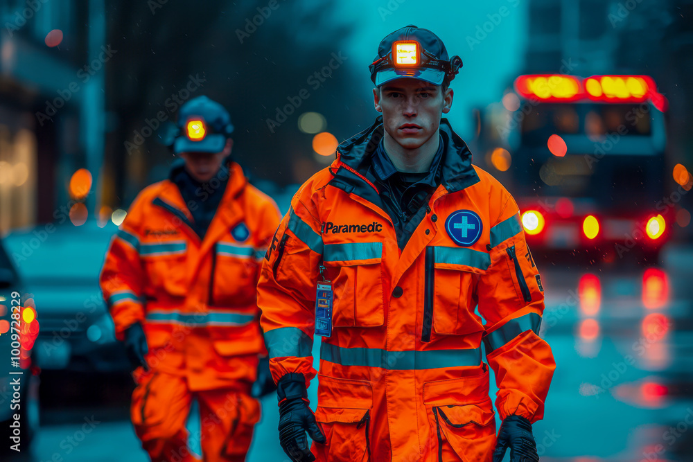 Fototapeta premium Emergency Response Heroes: EMT Team in High Visibility Orange Uniforms on the Move