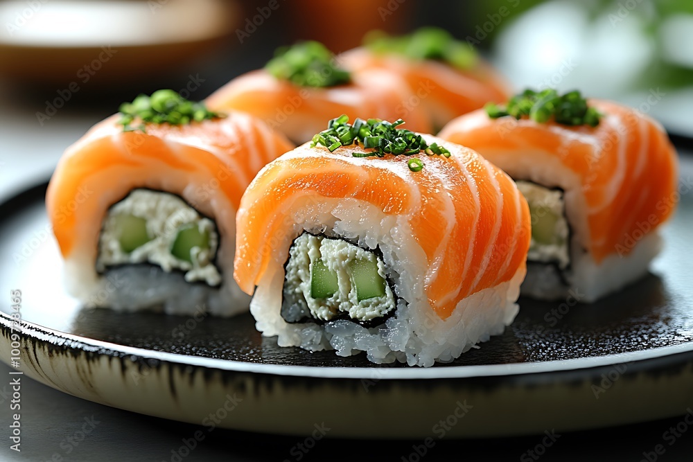 Close-up of delicious Philadelphia sushi rolls on a black plate Close-up of delicious Philadelphia sushi rolls on a black plate