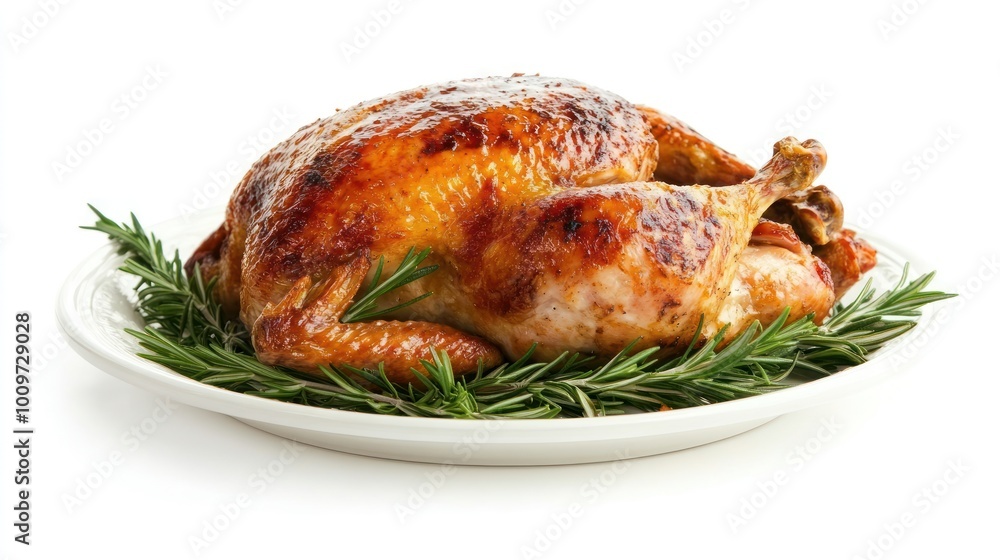 A golden-brown roasted chicken with crispy skin, resting on a bed of fresh rosemary sprigs on a white plate. A golden-brown roasted chicken with crispy skin, resting on a bed of fresh rosemary sprigs on a white plate.