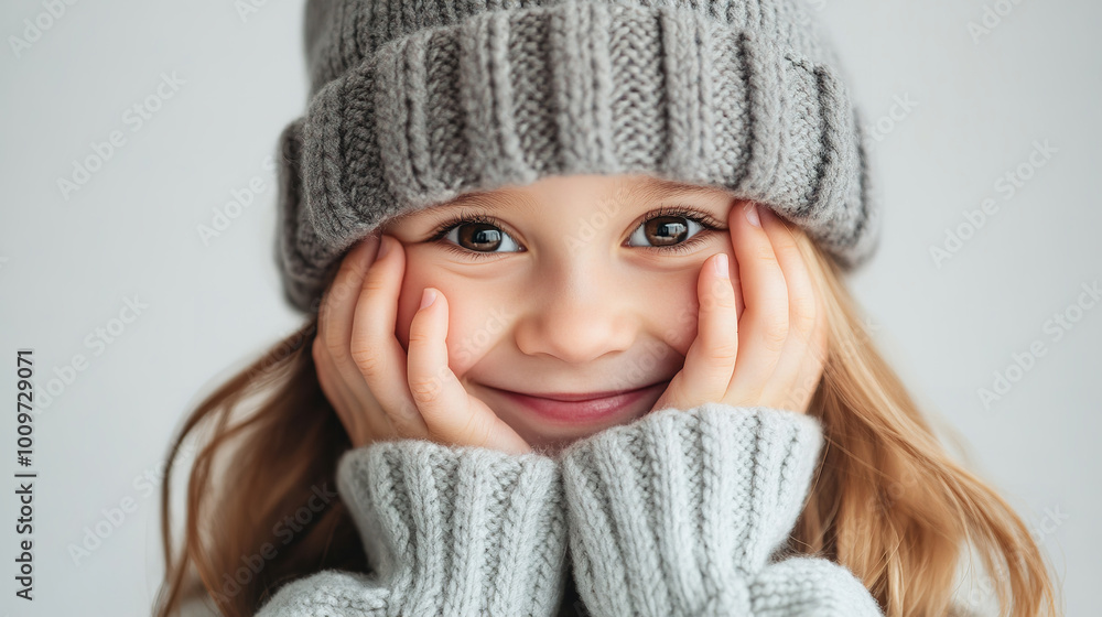 Portrait of funny cheerful little girl hidden the eyes in winter warm gray hat Portrait of funny cheerful little girl hidden the eyes in winter warm gray hat