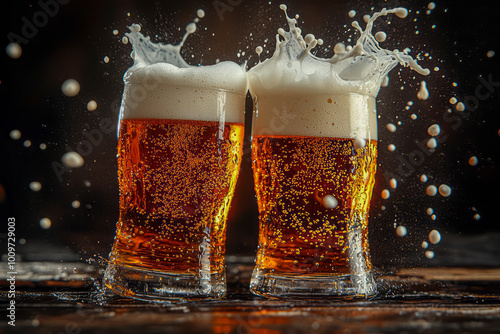 Celebrating Cheers: Two Beer Glasses Clinking with Foam Splashes on Dark Background. Stock Photo.