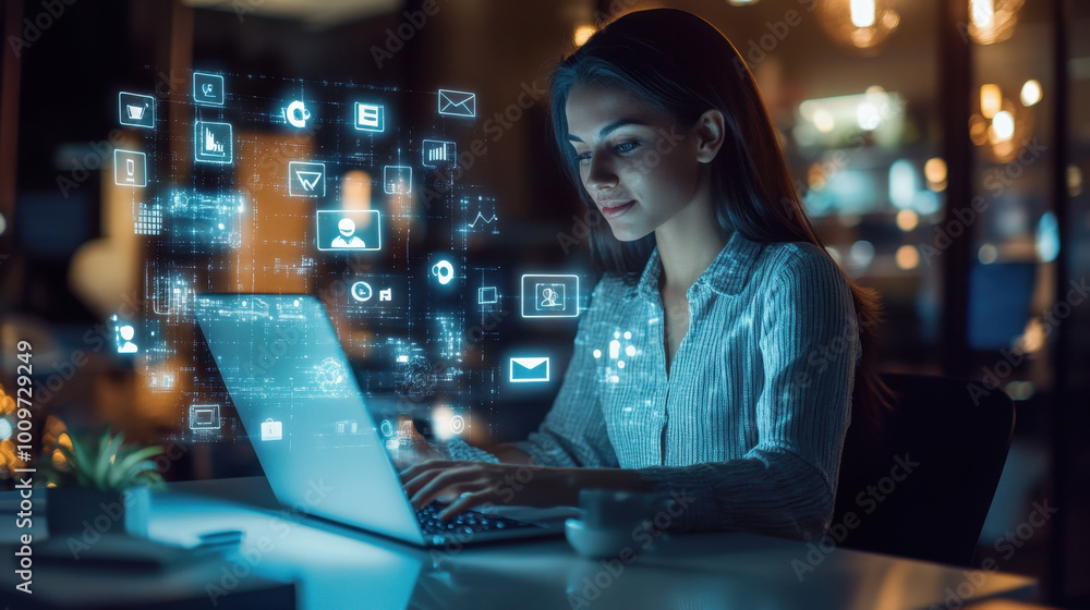 A focused tech enthusiast engages with digital content in a cozy, illuminated workspace at night A focused tech enthusiast engages with digital content in a cozy, illuminated workspace at night