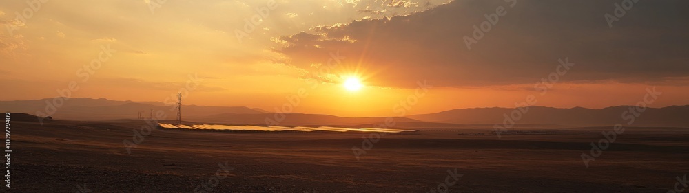 Naklejka premium A hazy sunset over a vast field with distant mountains in the background.