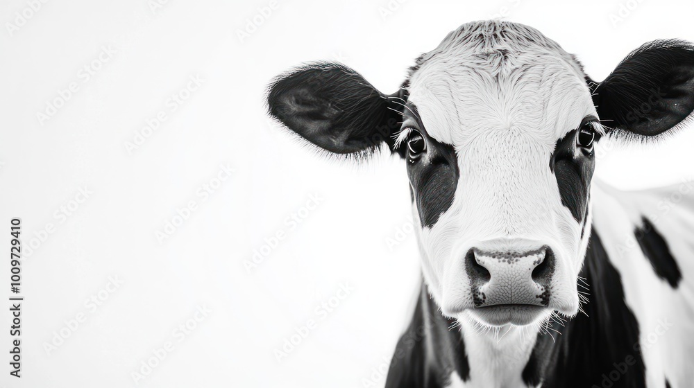 A close-up portrait of a black and white calf staring directly at the camera against a white background. A close-up portrait of a black and white calf staring directly at the camera against a white background.